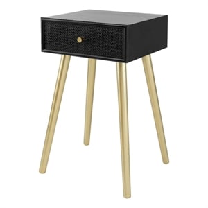 Benjara Gaia 28&quot Pine Wood Side End Table- Gliding Rattan Drawer- Black/Gold