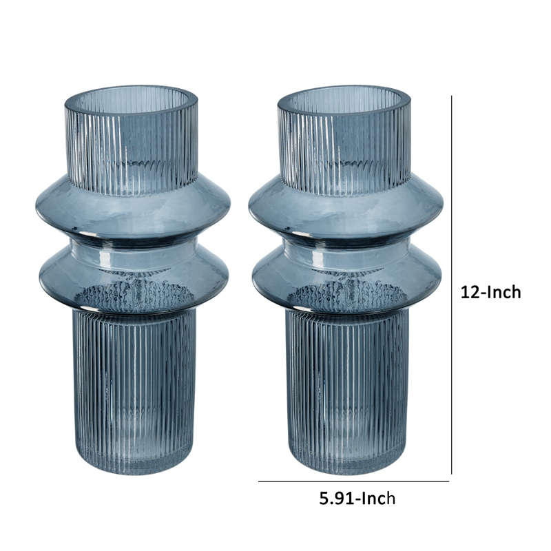 Benjara Rae Set of 2 Glass Vases-Tall Round Cylinders-Smokey Blue-Clear Finish