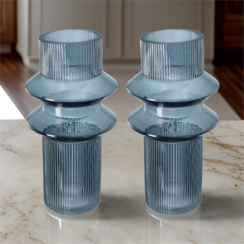 Benjara Rae Set of 2 Glass Vases-Tall Round Cylinders-Smokey Blue-Clear Finish