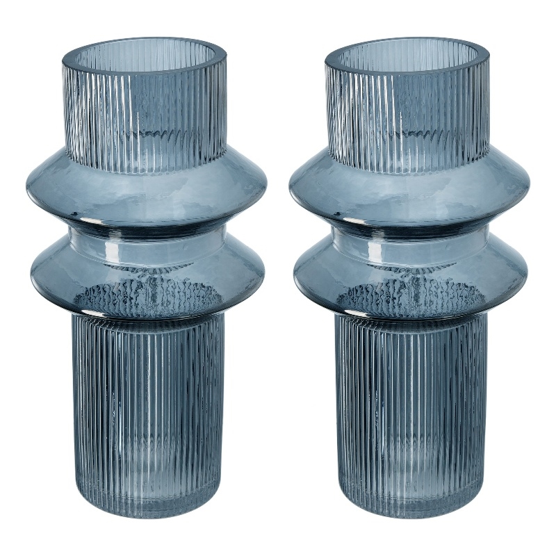 Benjara Rae Set of 2 Glass Vases-Tall Round Cylinders-Smokey Blue-Clear Finish