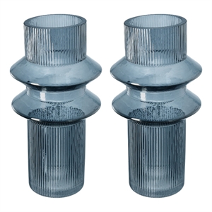 Benjara Rae Set of 2 Glass Vases-Tall Round Cylinders-Smokey Blue-Clear Finish