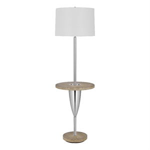 Benjara Charlie 61&quot Modern Floor Lamp- Wood Table- 1 USB- Glossy- White/Brown
