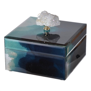 Benjara Eve 6&quot Decorative Accessory Box- Elegant Stone with Finial Accent- Blue