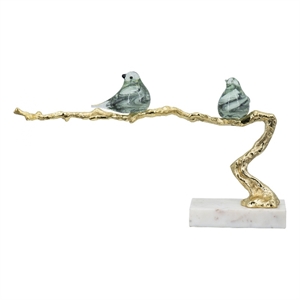 Benjara Sue 25&quot Accent Decor Sculpture- 2 Birds Sitting on Branch- Gold- White