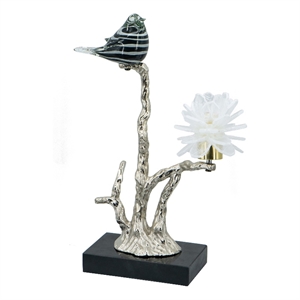 Benjara Sue 15&quot Accent Decor Figurine- Bird on a Branch- Flower- Black/Silver