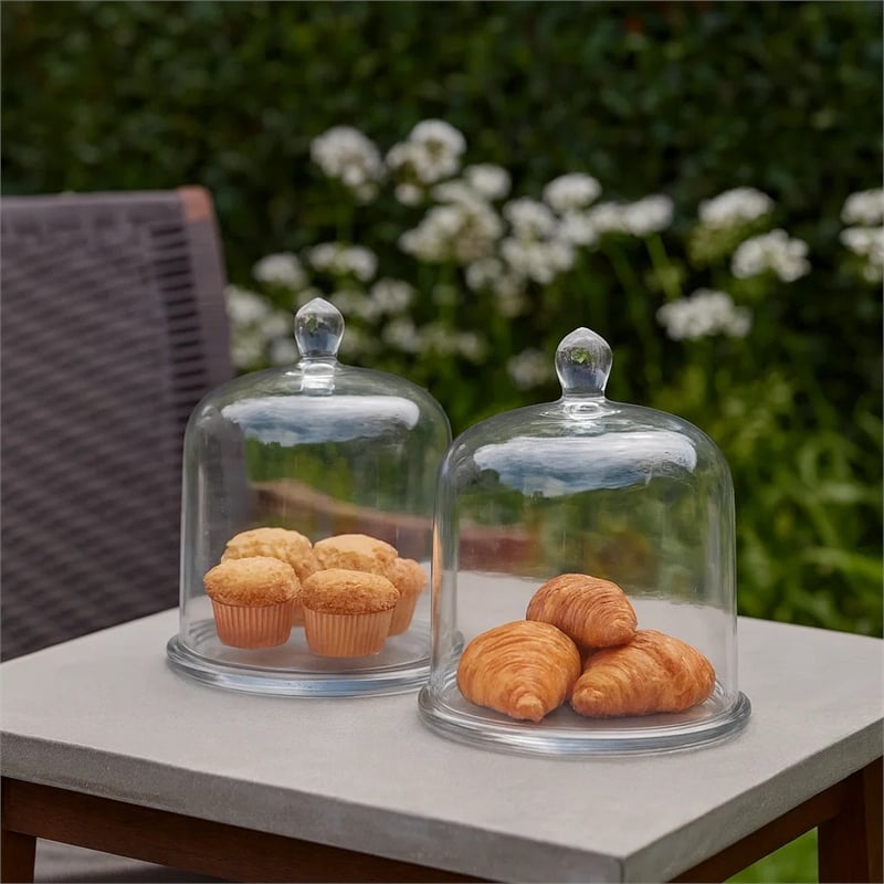 Benjara Set of 2 Large Glass Serving Platters with Dome and Finial Handle- Clear