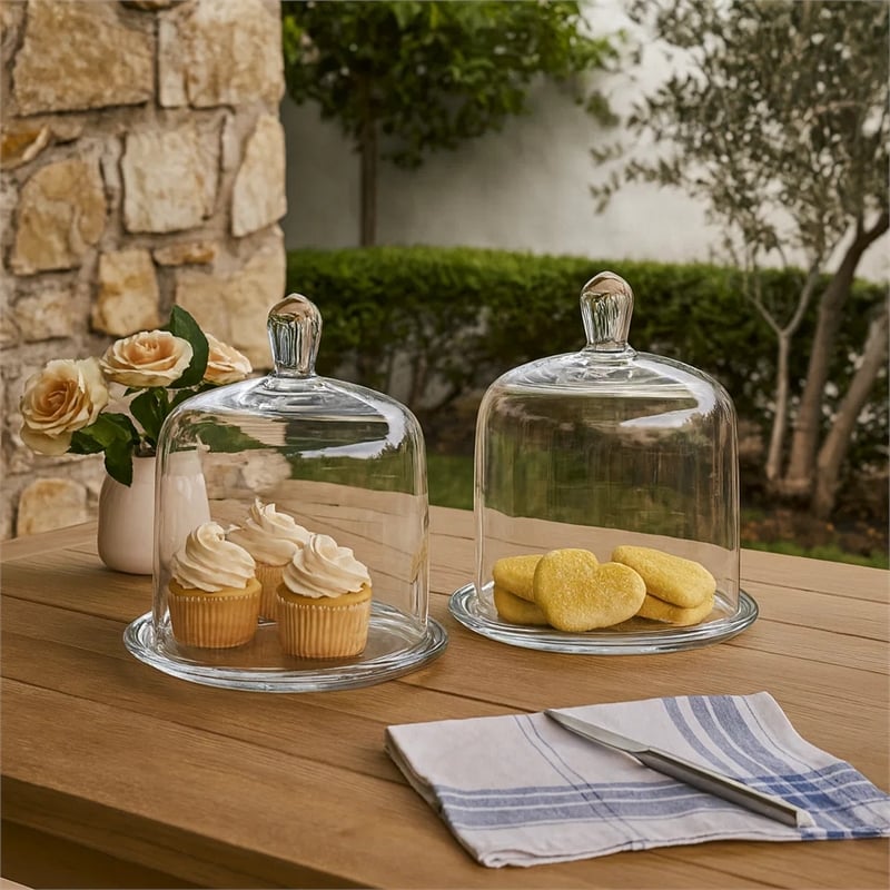 Benjara Set of 2 Large Glass Serving Platters with Dome and Finial Handle- Clear