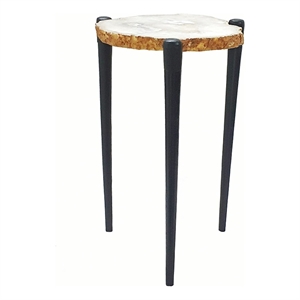Benjara 18&quot Side Table- Agate Stone Top- Aluminum Tri Legs- Modern- White