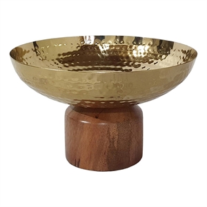 Benjara Roe 8&quot Small Acacia Wood Table Bowl- Steel- Decorative- Gold & Brown
