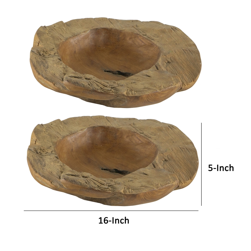 Benjara Set of 2 Decoratie Teak Wood Table Bowls- Brown- Natural Edge- Brown