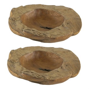 Benjara Set of 2 Decoratie Teak Wood Table Bowls- Brown- Natural Edge- Brown