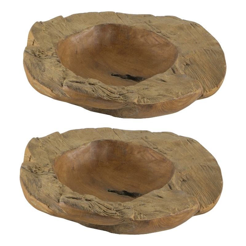 Benjara Set of 2 Decoratie Teak Wood Table Bowls- Brown- Natural Edge- Brown