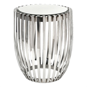 Benjara 23&quot Accent Side Table- Polished Steel Ribs- Drum- Mirrored Top- Silver