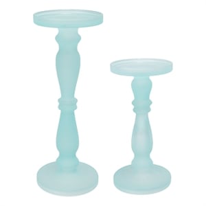 Benjara Qui 14- 11&quot Candle Holders- Turned Pedestal- Blue Glass (Set of 2)