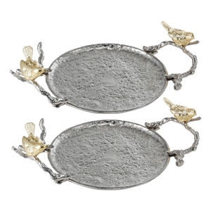 Benjara 14&quot Small Decorative Tray Set of 2- Perched Birds- Silver Metal Frame