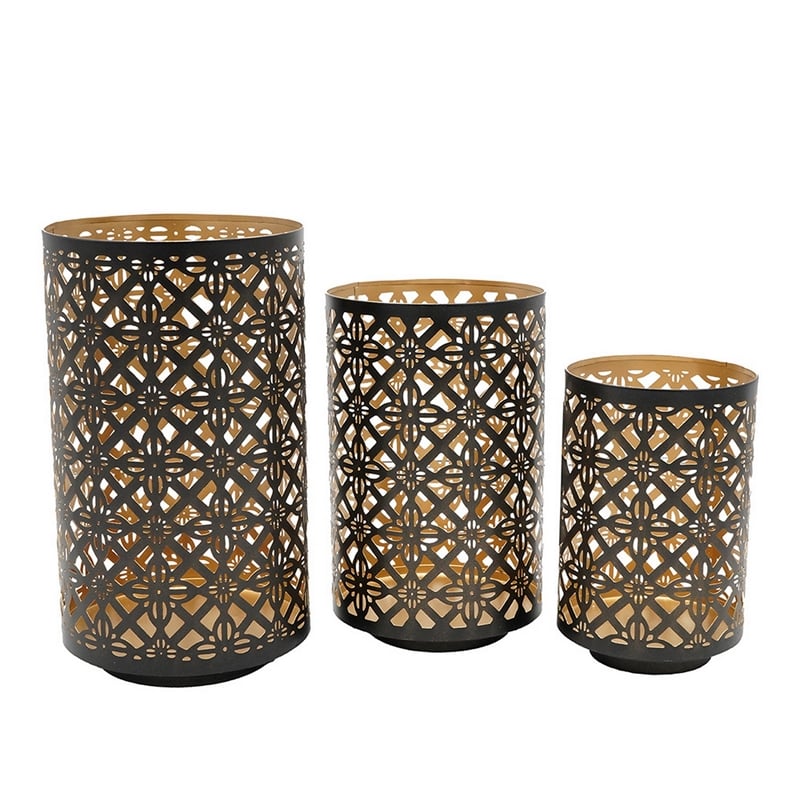 Benjara Set of 3 Lantern Candle Holders-Moroccan Lattice-Gold-Black Metal Frames