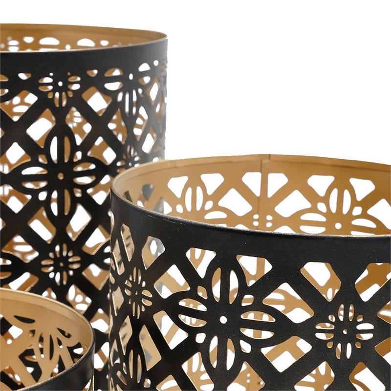 Benjara Set of 3 Lantern Candle Holders-Moroccan Lattice-Gold-Black Metal Frames