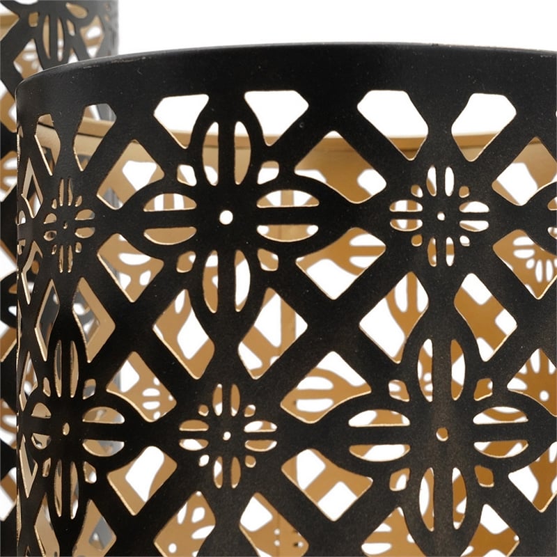 Benjara Set of 3 Lantern Candle Holders-Moroccan Lattice-Gold-Black Metal Frames