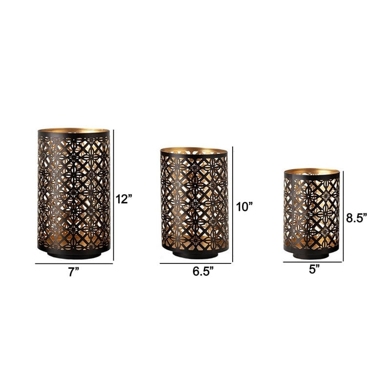 Benjara Set of 3 Lantern Candle Holders-Moroccan Lattice-Gold-Black Metal Frames