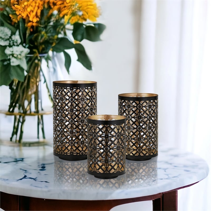 Benjara Set of 3 Lantern Candle Holders-Moroccan Lattice-Gold-Black Metal Frames