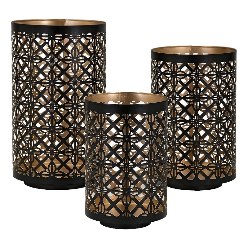 Benjara Set of 3 Lantern Candle Holders-Moroccan Lattice-Gold-Black Metal Frames