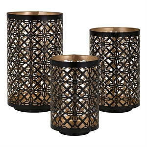 Benjara Set of 3 Lantern Candle Holders-Moroccan Lattice-Gold-Black Metal Frames