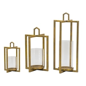 Benjara 19- 15- 11&quot Lanterns (Set of 3)- Tea Light Glass Holders- Modern- Gold