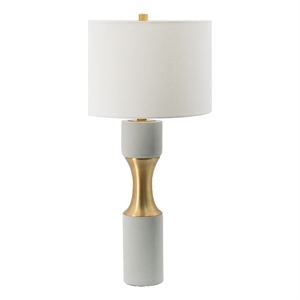 Benjara 30&quot Modern Table Lamp- Drum Shade- Cement & Brass Iron Waisted Base