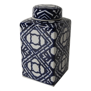 Benjara 10&quot Lidded Jar- Porcelain Construction- Deep Blue Graphic Trellis