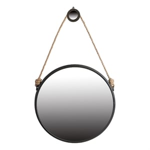 Benjara 30&quot Accent Wall Mirror with Rope Hanger and Round Black Metal Frame
