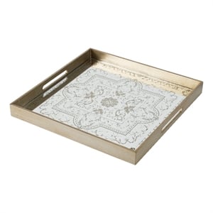 Benjara Miki 20&quot Square Decorative Tray- Artisan Mirrored Floral Pattern- Gold