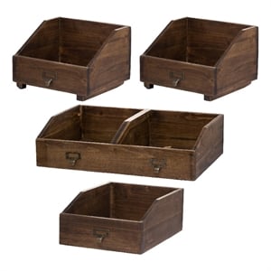 Benjara 19- 13- 10&quot Fir Wood Box- Set of 4 with Metal Handles- Antique Brown