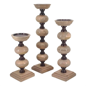 Benjara 23- 18- 14&quot Set of 3 Candleholders in Pillar Accent Wood Orbs- Brown