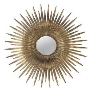 Benjara 28&quot Wall Mount Accent Mirror with Round Sunburst Iron Frame- Gold