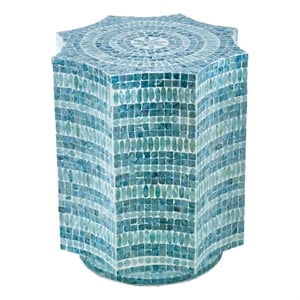 Benjara 20&quot Stool Table- Capiz Shell Inlay- Floral Geometric Design- Turquoise
