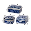 Benjara Set of 3 Decorative Boxes-White & Blue Porcelain Pottery-Floral Designs