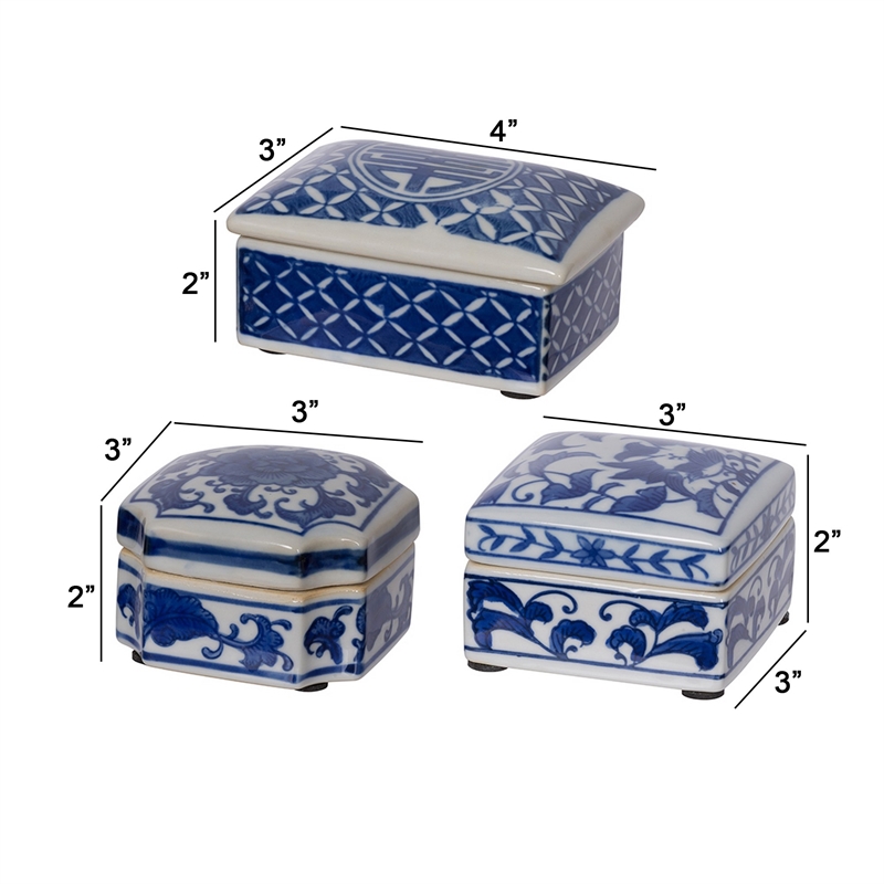 Benjara Set of 3 Decorative Boxes-White & Blue Porcelain Pottery-Floral Designs