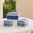 Benjara Set of 3 Decorative Boxes-White & Blue Porcelain Pottery-Floral Designs