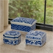 Benjara Set of 3 Decorative Boxes-White & Blue Porcelain Pottery-Floral Designs