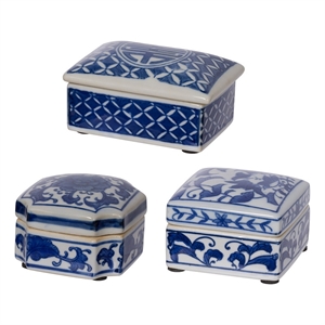 Benjara Set of 3 Decorative Boxes-White & Blue Porcelain Pottery-Floral Designs