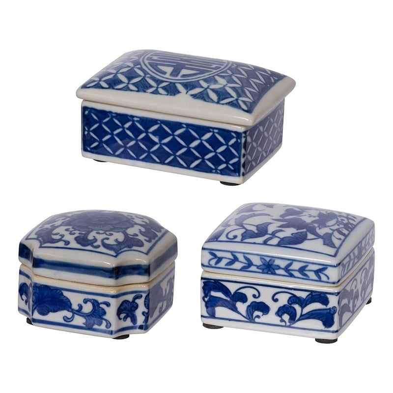 Benjara Set of 3 Decorative Boxes-White & Blue Porcelain Pottery-Floral Designs