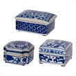 Benjara Set of 3 Decorative Boxes-White & Blue Porcelain Pottery-Floral Designs