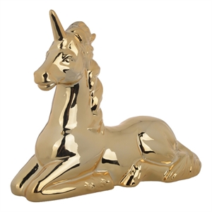 Benjara 11&quot Sitting Unicorn Figurine- Ceramic Statuette in Gold Metallic Finish