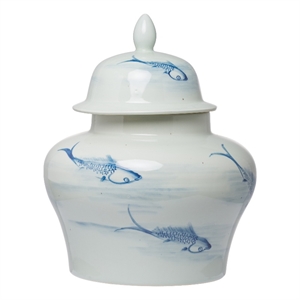 Benjara 18&quot Porcelain Ginger Jar- Artful Wispy Fish- Classic White and Blue