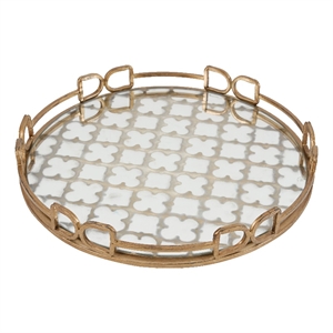 Benjara Sui 16&quot Round Serving Tray- Glass Bottom and Gold Geometric Frame