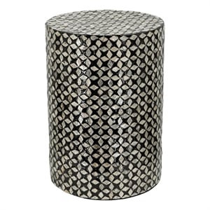 Benjara 20&quot Capiz Accent Stool Table- Cylindrical Geometric- Silver- Black
