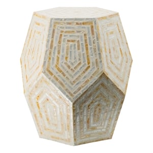 Benjara 21&quot Capiz Accent Stool Table- Hexagonal Drum- Angled Look- Beige White