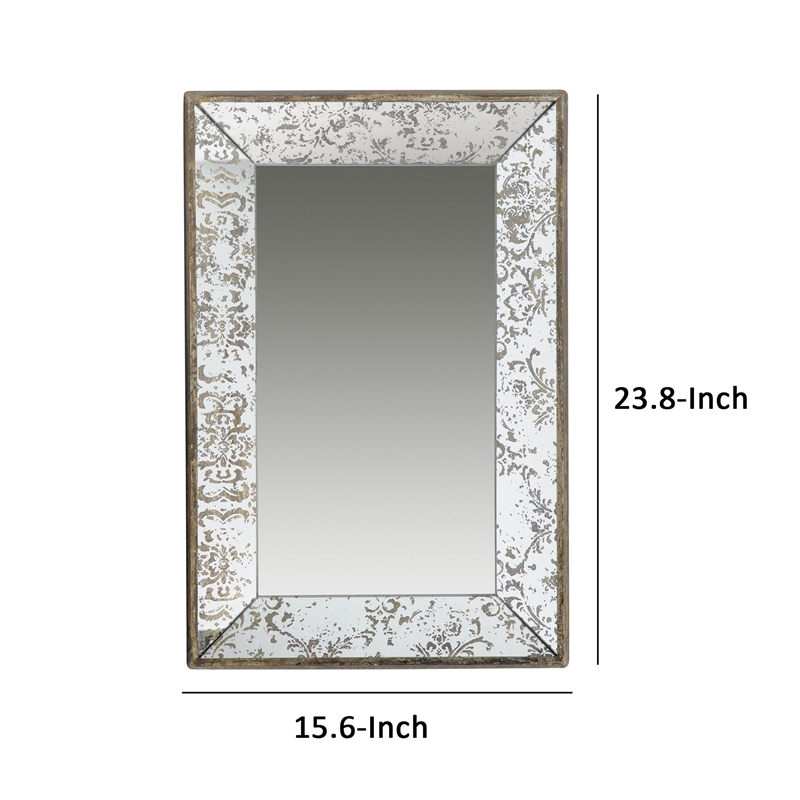 Benjara Rosa 16 x 24 Wall Mount Mirror-Brown Wood Frame w/ Abstract Gold Overlay