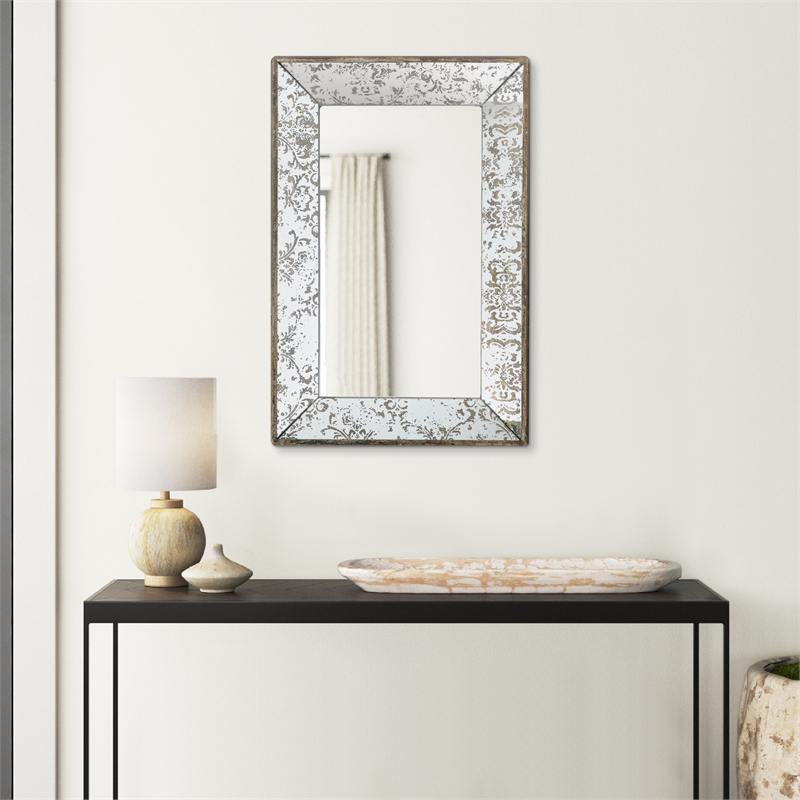 Benjara Rosa 16 x 24 Wall Mount Mirror-Brown Wood Frame w/ Abstract Gold Overlay