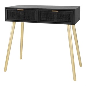 Benjara Pia 32&quot Wood Console Table- 2 Drawers- Woven Rattan Design- Black/Gold